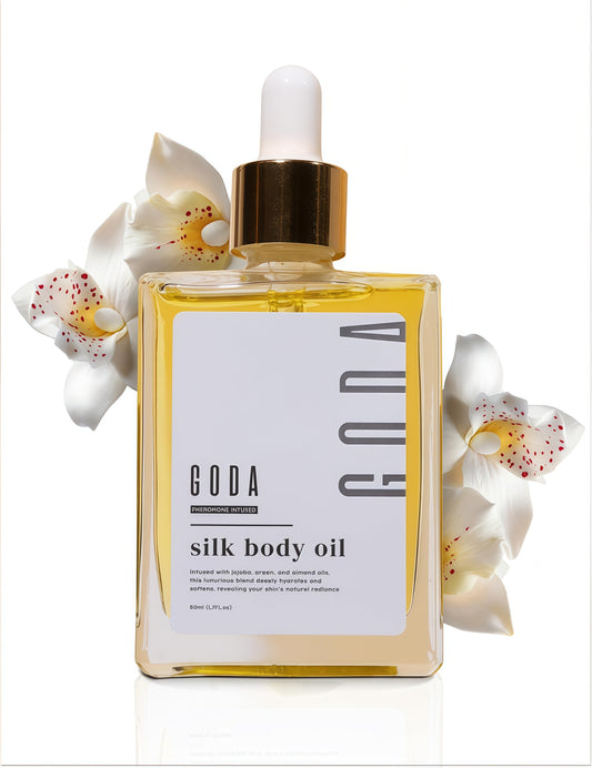 GODA Silk Body Oil Women - Firming Anti Aging Moisturizing Formula, Crepey Skin Hydrating After Shower, Scented Organic Blend Premium Skincare